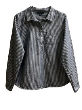 Tommy Hilfiger, 57% Cotton, Blue/White, Collar Button Down,Roll Tab Sleeve Top,M